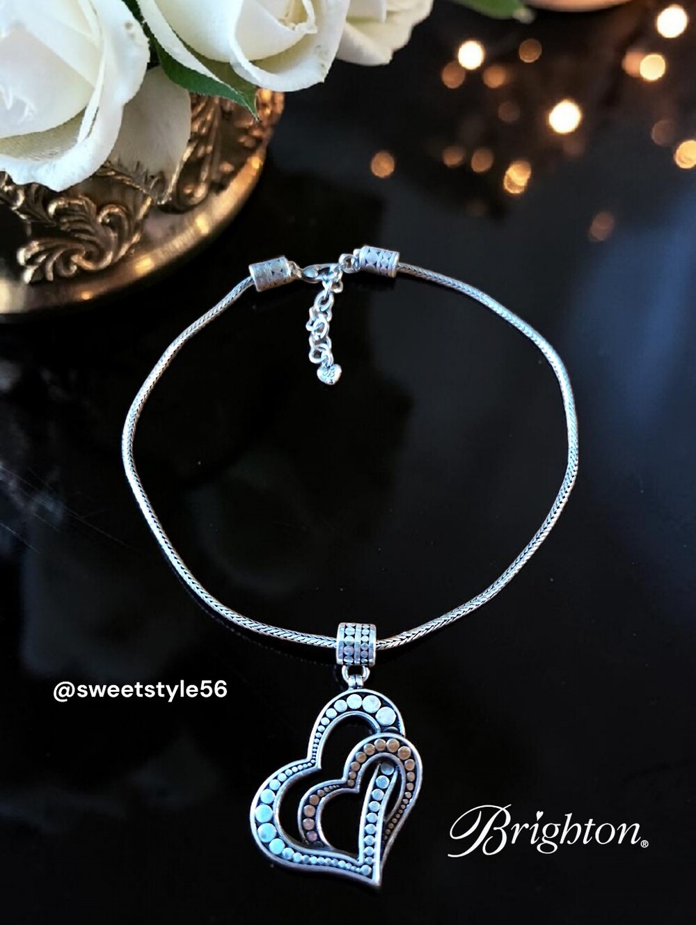 BRIGHTON "Temple Heart" Vintage Silver And Gold Double Heart Necklace